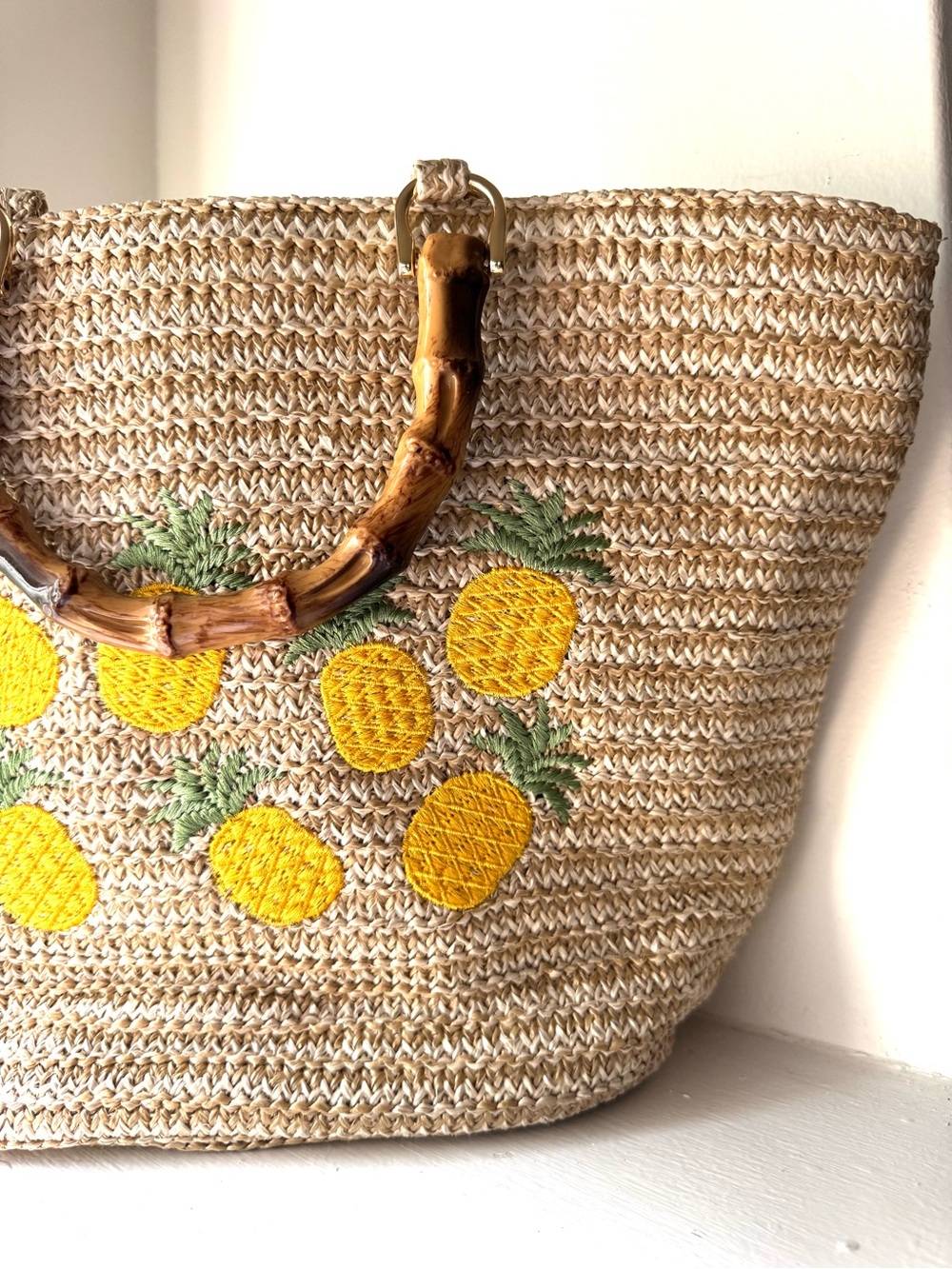 Woven Straw Tote Bag with Yellow Pineapple Embroidery